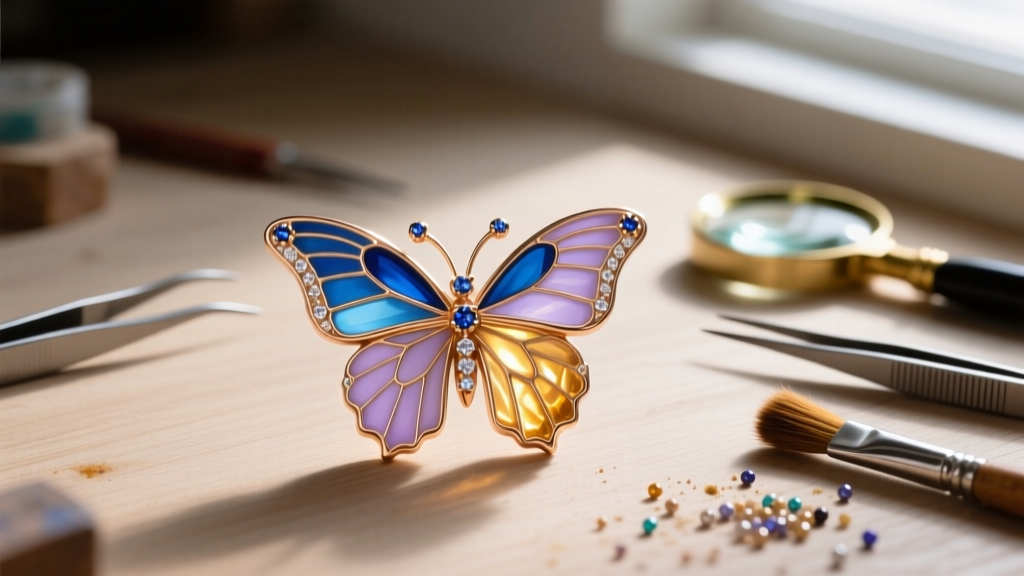 Workbench showing an unfinished 18k rose gold moth pendant with plique-a-jour enamel wings and tiny sapphire gemstone accents.