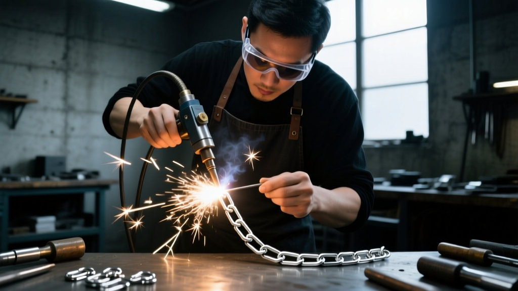 Jeweler using a laser welder to close a thick 10-gauge silver paperclip chain link, with bright sparks visible in a dark workshop.