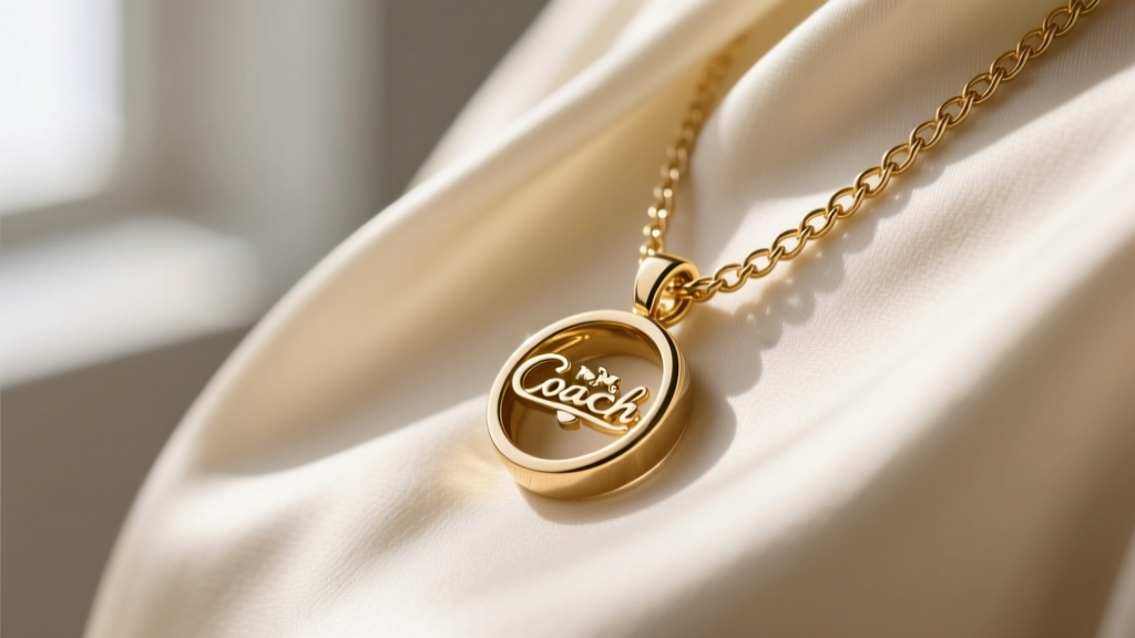 Close-up of a gold-plated Coach signature ring pendant necklace on a cream silk blouse, soft natural window lighting, macro detail.