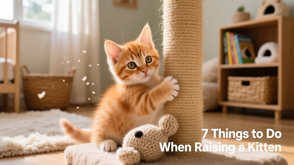 A curious kitten exploring a soft toy and scratching post in a cozy, safe room