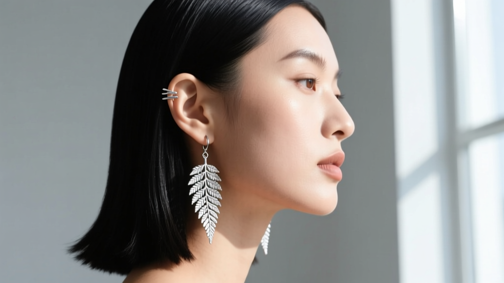 Side profile of a model wearing delicate 20-gauge silver fern leaf drop earrings, hair swept back to reveal a curated ear stack