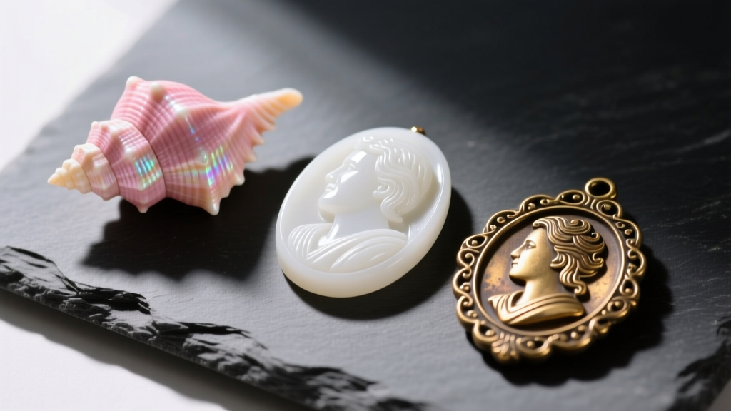 Macro view of three cameos: carved pink conch shell, white resin, and stamped brass metal resting on dark grey slate