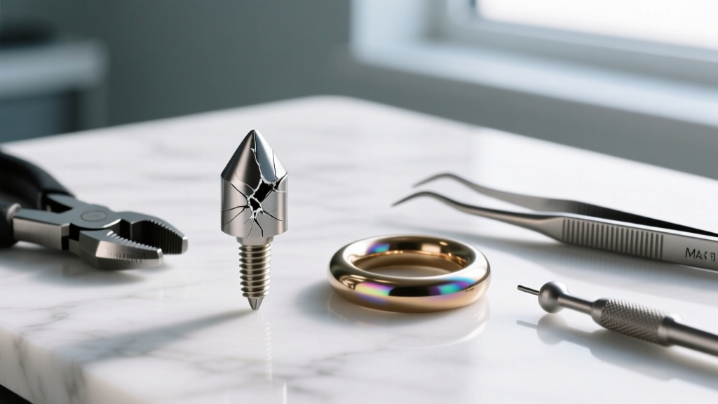 Scratched PVD-coated nose screw damaged by standard pliers next to a pristine ASTM F-136 titanium hoop adjusted with proper tools