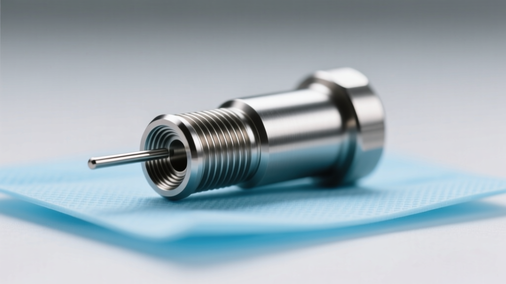 Close-up of an internally threaded implant-grade titanium 5mm stud post and threadless backing on a sterile blue medical pad