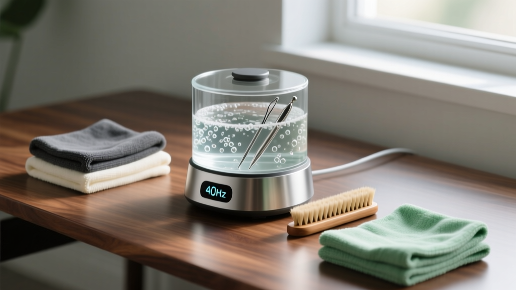 Cleaning setup with a 40kHz ultrasonic cleaner, horsehair brush, and microfiber cloths arranged on a polished wooden desk.