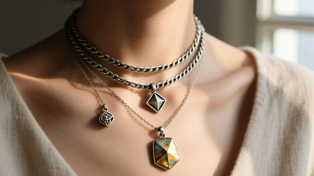 Close-up of collarbone displaying three layered oxidized silver necklaces with varying pendant sizes against soft natural light