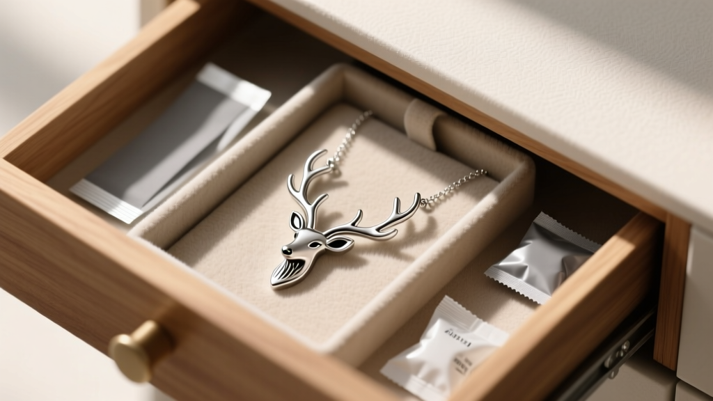 Open drawer showing a reindeer necklace laid flat in a fabric compartment beside anti-tarnish strips and small silica gel packets.