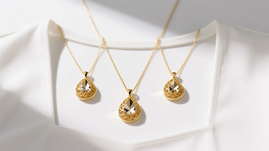 Flat lay of three gold necklaces on a white square-neck top, bright light, sharp focus on delicate teardrop pendants.