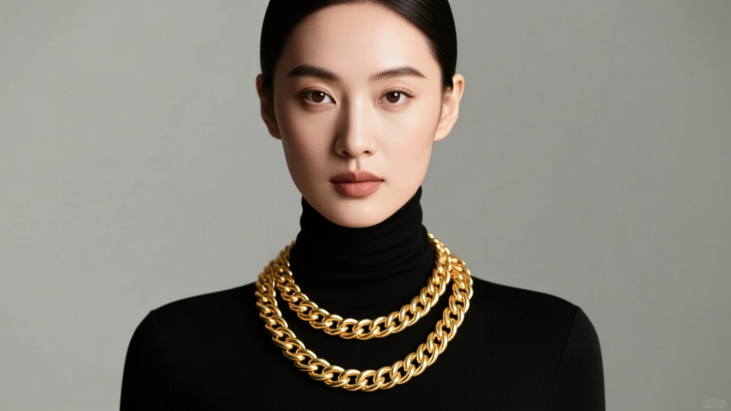 Elegant woman wearing a 32-inch 18k gold rope chain opera necklace over a black turtleneck, soft studio lighting, front portrait.