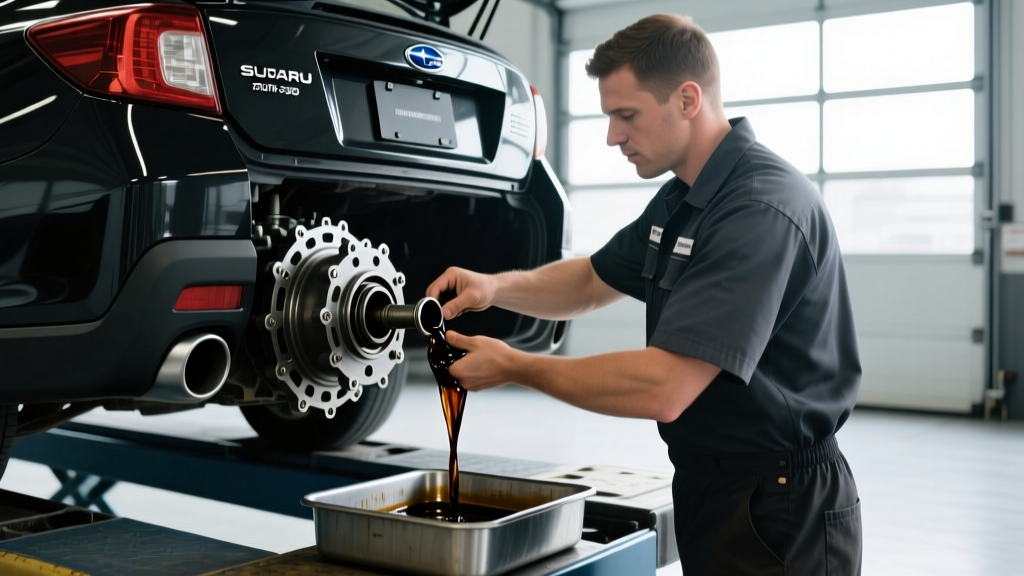 Mechanic draining old 75W-90 gear oil from the rear differential of a 2018 Subaru Outback on a hydraulic lift