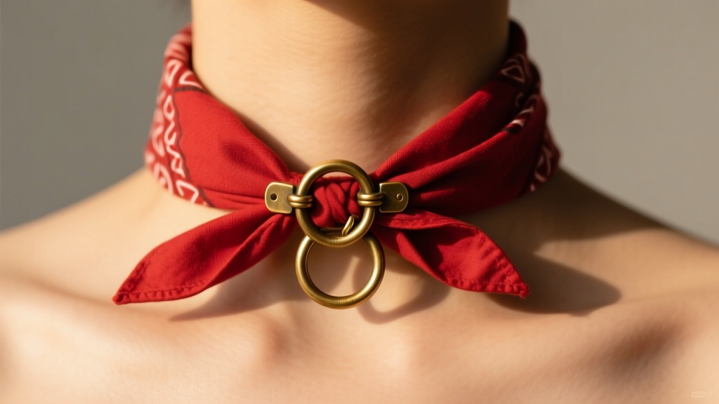 Red cotton bandana choker secured by an antique brass slide clasp and heavy jump rings resting against bare collarbone skin.
