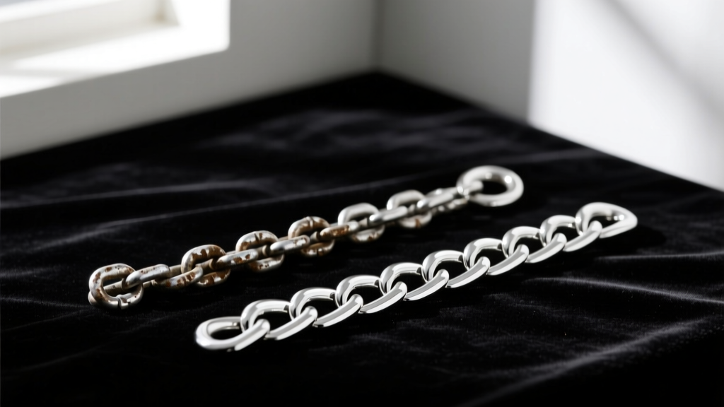 Tarnished sterling chain beside a bright silver-plated chain with clear anti-tarnish lacquer on dark velvet background.