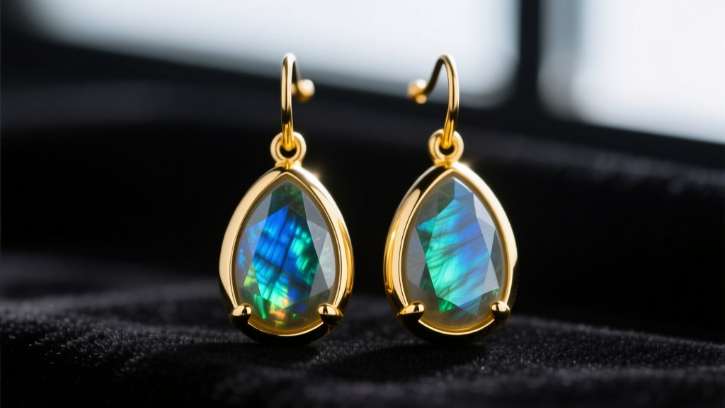 Macro shot of 18k yellow gold bezel-set labradorite drop earrings showing vivid blue and green schiller against dark velvet.