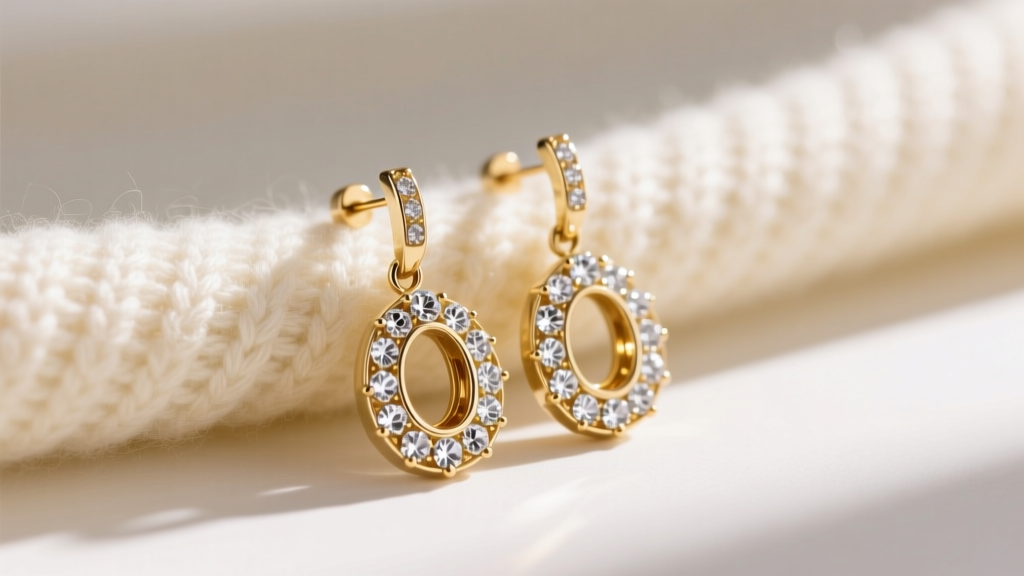 Close-up of luxury gold-plated brass St John drop earrings with pavé crystal accents resting on a cream silk knit fabric swatch.