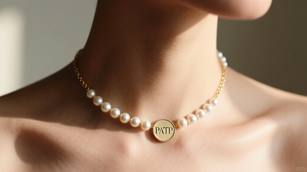 Close-up of a neck wearing a minimalist PATP coin pearl choker, showing flat pearls and a delicate gold chain in warm window light.