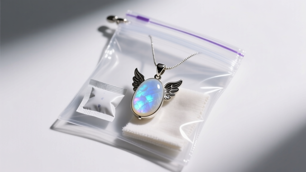Moonstone angel pendant stored inside a sealed anti-tarnish zip pouch alongside a small silica gel packet and polishing cloth.