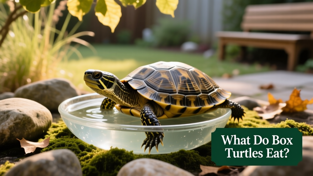 A box turtle soaking in a shallow, clean water dish with smooth rocks nearby