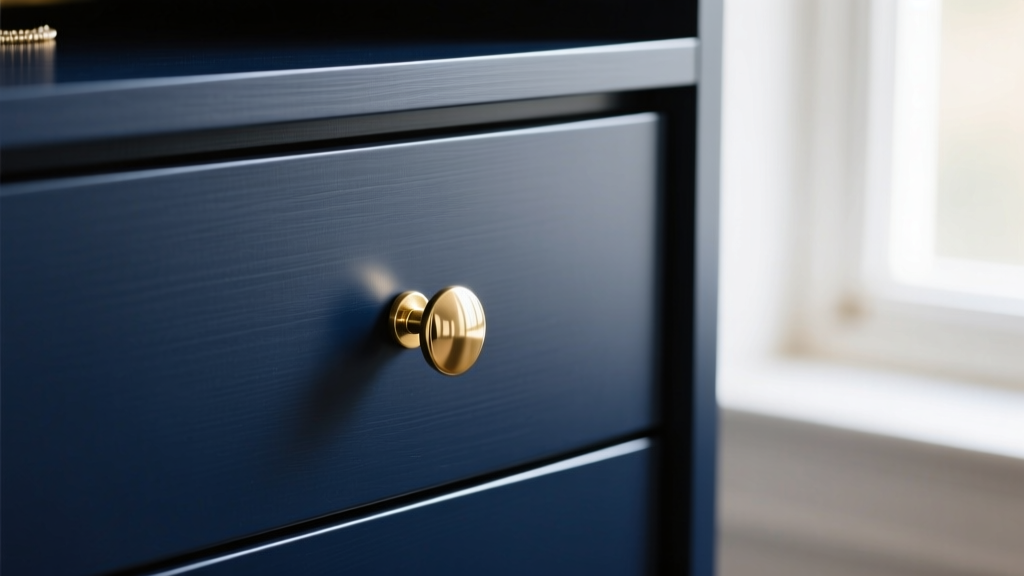 Close-up of a smooth matte navy-painted jewelry armoire drawer corner, showing a brush-free finish and modern brass knobs