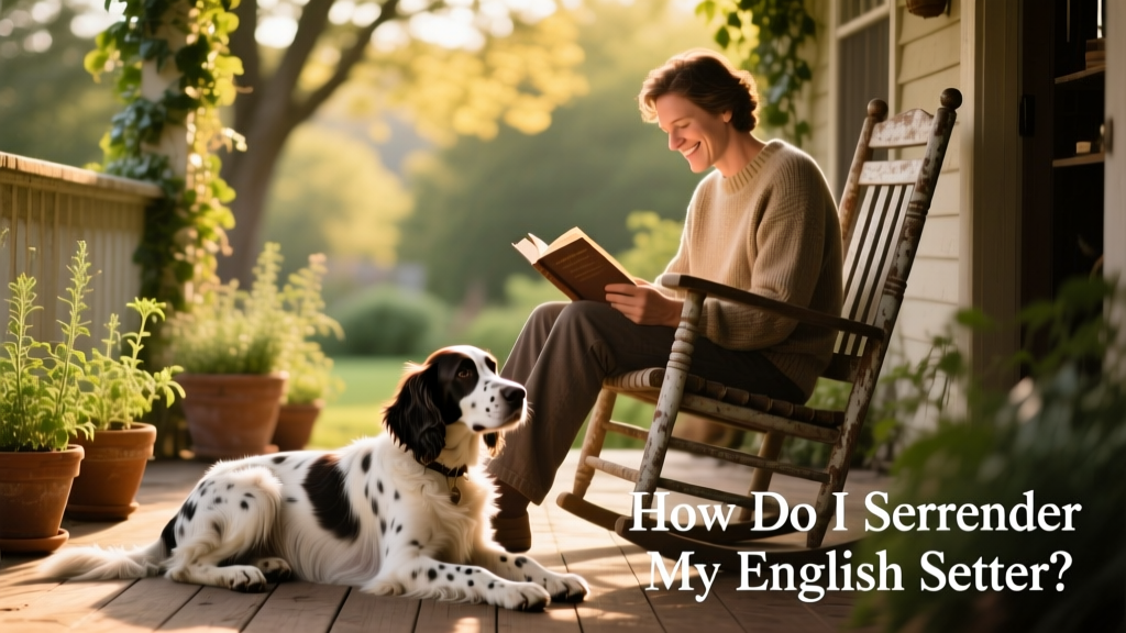 An English Setter calmly resting beside a person reading on a porch, showing gentle temperament and trust