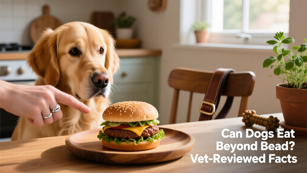A dog looking curiously at a FurPetVo burger on a plate, with a human hand nearby