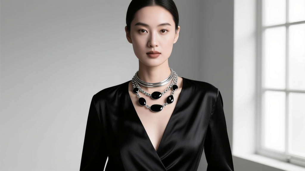 Elegant woman wearing a layered sterling silver and black onyx choker necklace paired with a deep V-neck black silk evening blouse