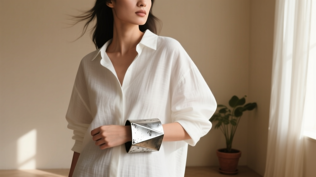 Woman wearing a chunky asymmetric vintage brutalist silver cuff bracelet over a crisp white oversized linen shirt in soft daylight.