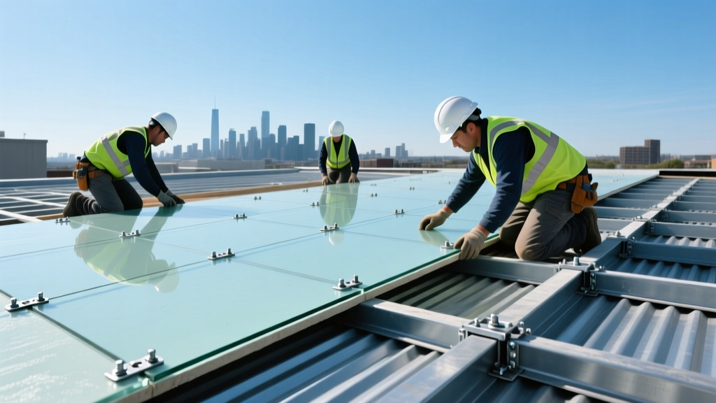 Commercial flat roof showing workers installing glass-mat gypsum roof cover boards over steel decking using mechanical fasteners and plates