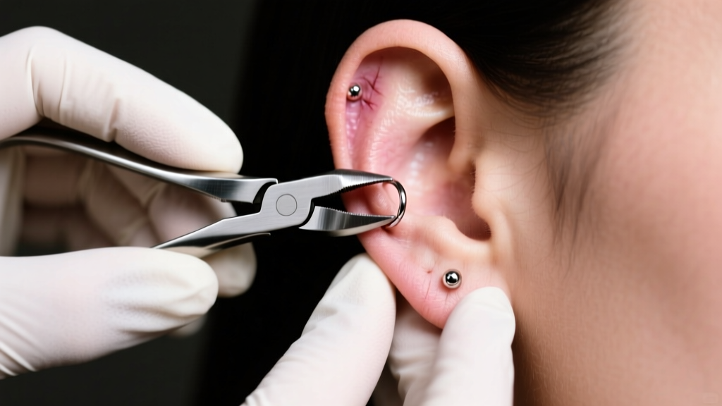 Gloved hands using steel pliers to safely remove a 14-gauge captive bead ring from a healed helix cartilage ear piercing
