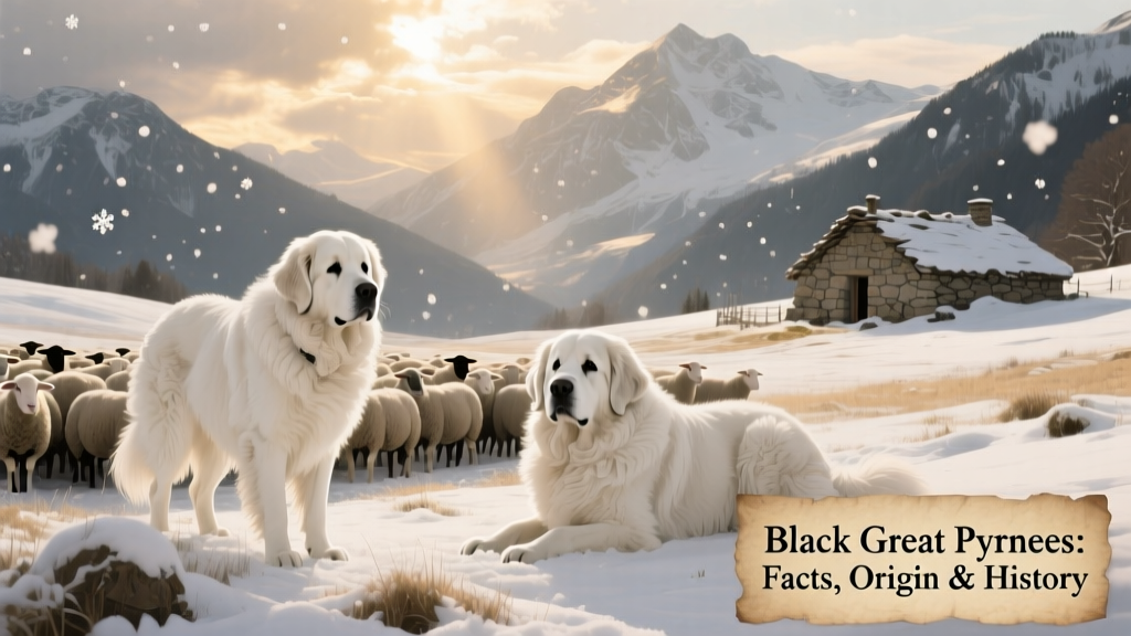 Historical illustration of Great Pyrenees dogs guarding sheep in snowy mountain terrain, emphasizing their traditional role and white coat