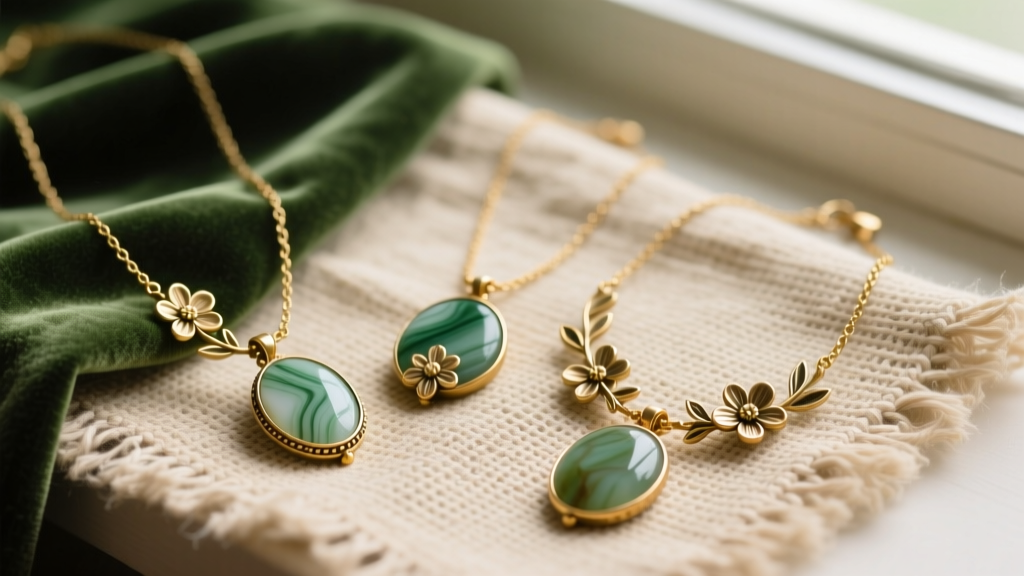 Flat lay of three cottagecore necklaces with floral motifs, moss agate cabochons, and antique gold plating on a woven linen cloth.