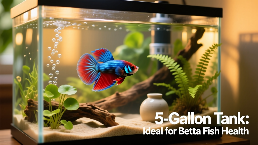 A healthy betta fish swimming gracefully in a well-planted 5-gallon aquarium with gentle filtration and warm water