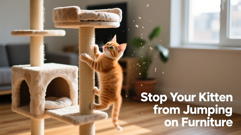 A playful kitten climbing a tall, multi-level FurPetVo cat tree with sisal-wrapped posts and cozy perches