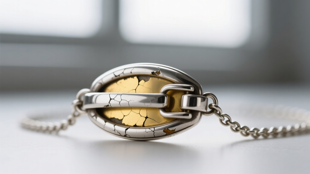 Close-up of a worn silver-plated necklace clasp showing the yellow brass base metal underneath the thin, flaking silver coating