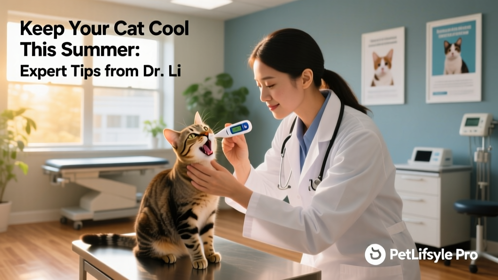 A veterinarian calmly checking a cat's temperature and gum colour in a well-lit exam room