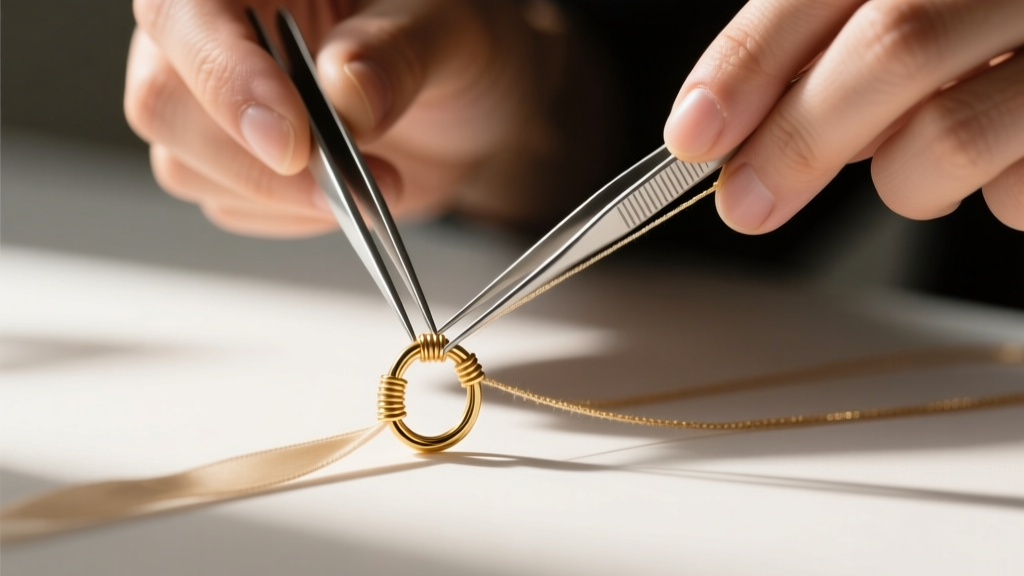 Close-up of jeweler hands using tweezers to thread fine beige silk through a tiny gold French wire coil at a necklace clasp.