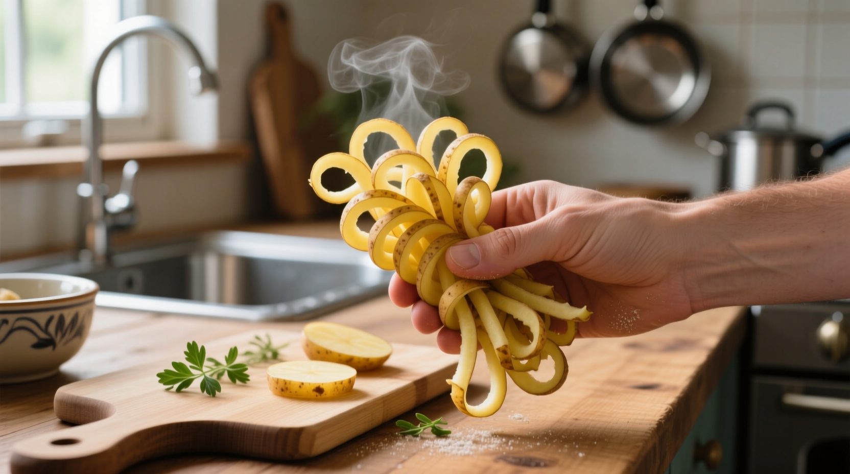 Hand holding spiral-cut potato strands in kitchen