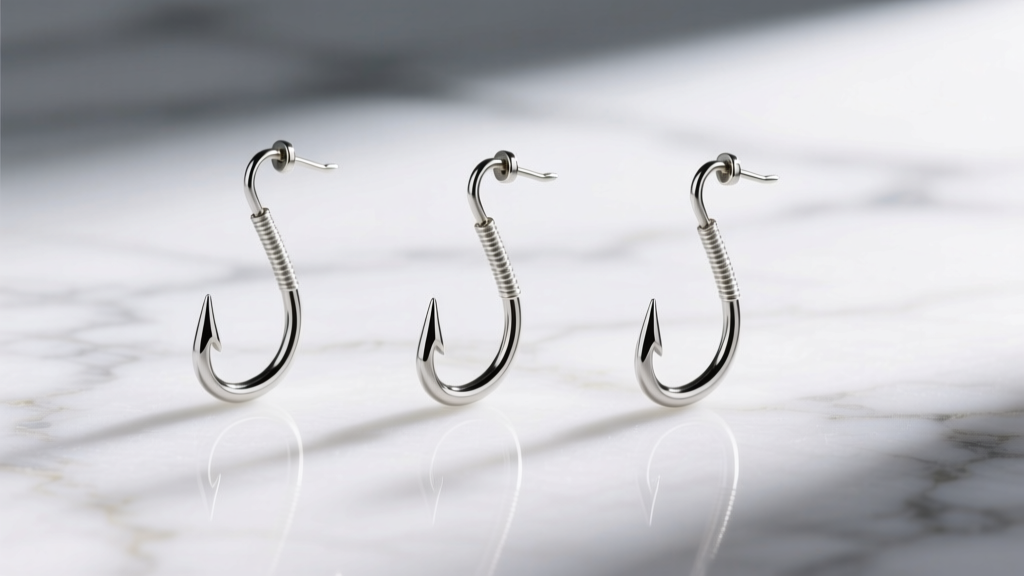 Close-up of three silver-toned fish hook earring wires in 22, 20, and 18 gauge thicknesses laid parallel on white marble.