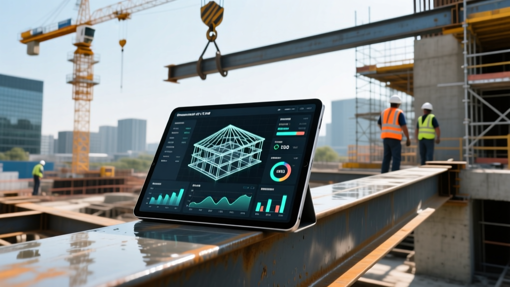 Tablet displaying 3D structural steel BIM models and real-time inventory API data on a busy commercial construction site