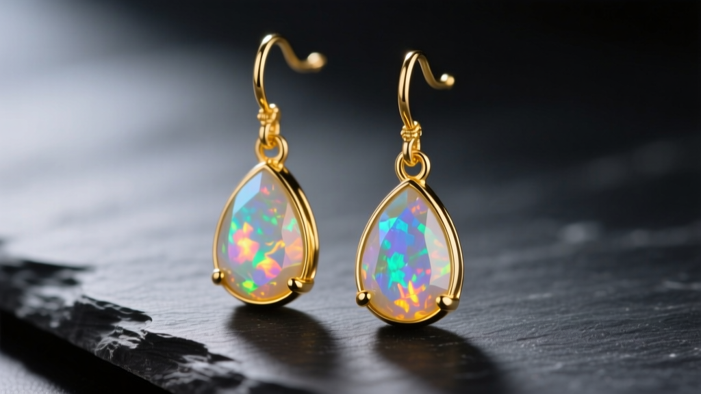 Macro shot of 14k yellow gold drop earrings with teardrop crystal opals resting on dark slate under soft lighting.
