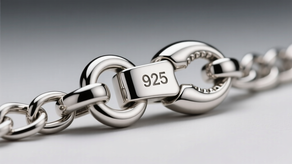 Macro shot of a rhodium-plated sterling silver cable chain clasp, highlighting the .925 hallmark stamp and a shiny lobster claw