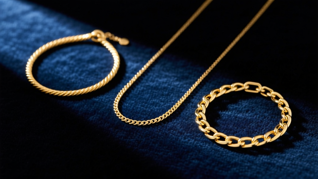 Flat lay of three gold necklaces neatly arranged on dark velvet, showcasing rope, cable, and box chain styles in soft light
