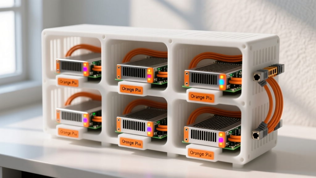 A neat 3D-printed rack holding five Orange Pi 5 Plus single-board computers, connected by custom wholesale PoE networking cables.