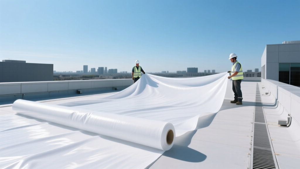 Workers unrolling a large roll of white polyester-reinforced PVC fabric membrane across a commercial flat roof deck under clear skies