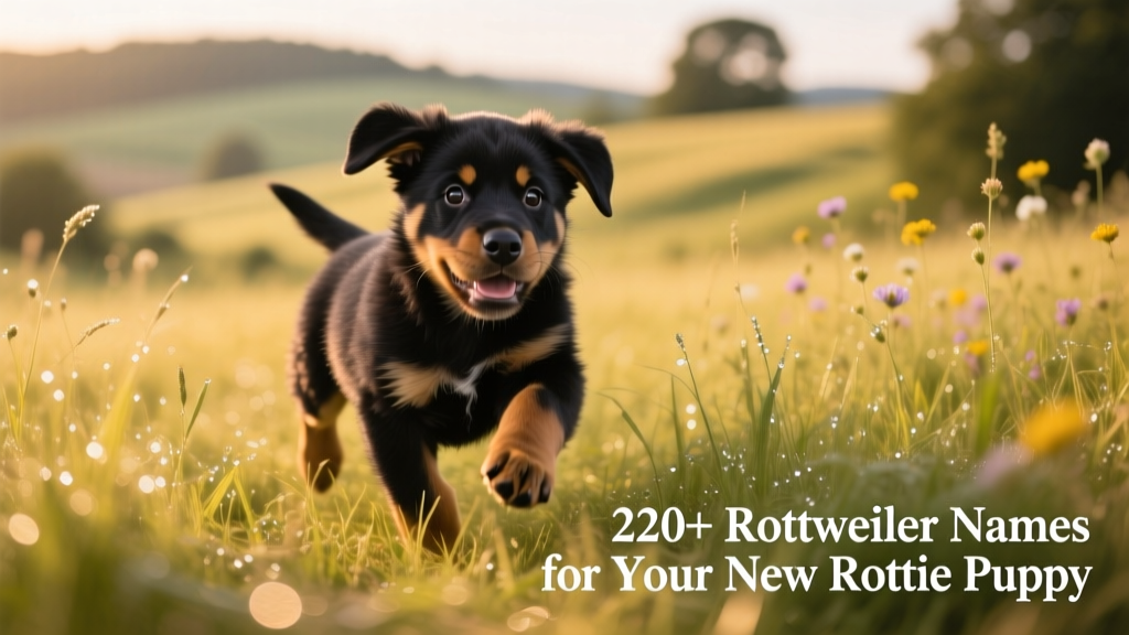 A cute Rottweiler puppy running through grass