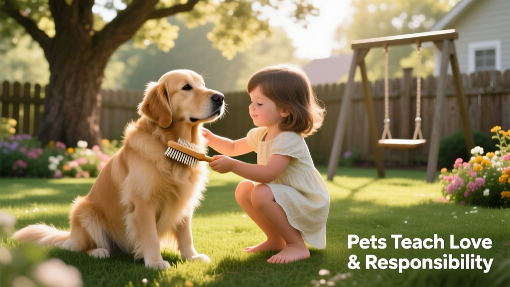 A child gently brushing a calm, medium-sized dog in a sunlit backyard