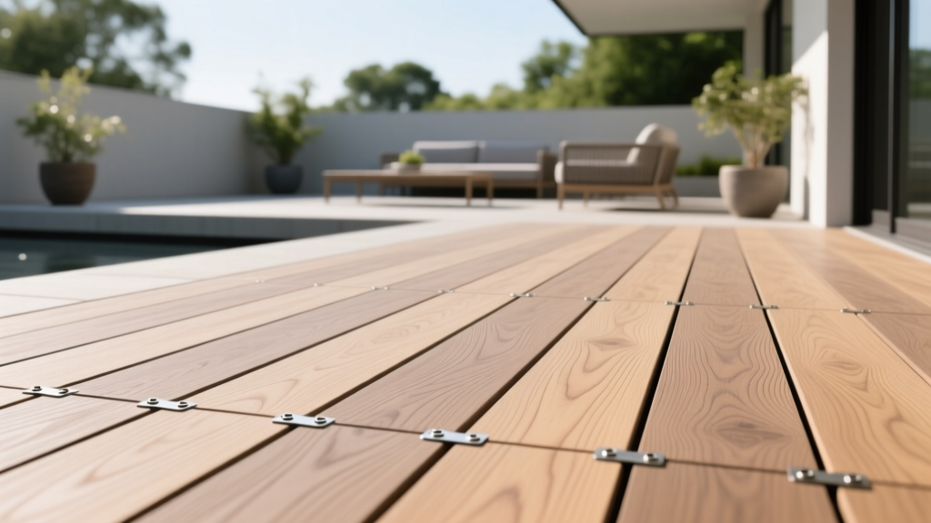 Composite decking boards of recycled HDPE and wood fibers showing realistic grain texture and hidden fastener clips on a modern patio