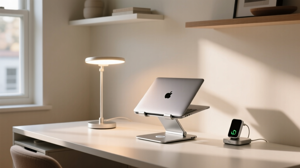 Wide shot of a clean, budget-friendly home office desk featuring a smart lamp, wireless charger, and laptop stand in natural daylight.