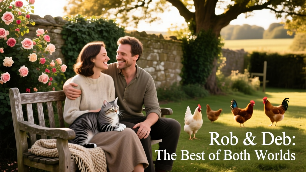 Rob and Deb relaxing in a sunlit garden with a cat on Deb's lap and chickens nearby