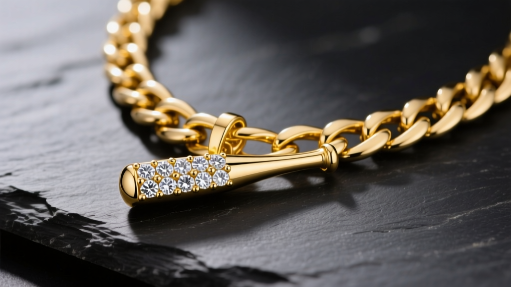 Close-up of a 12mm 14k yellow gold Cuban link chain with a diamond-encrusted baseball bat pendant resting on dark slate.