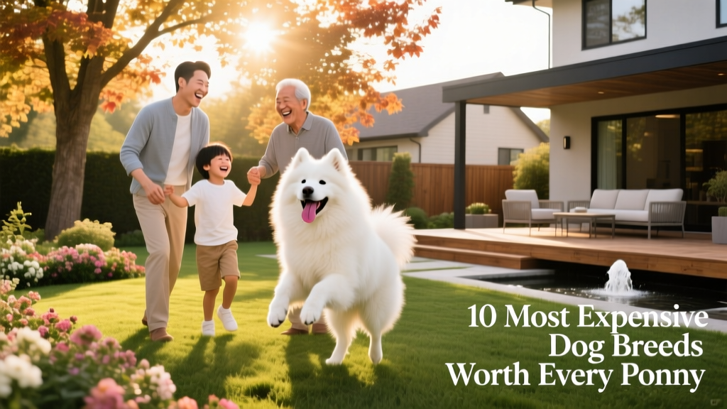 A joyful family playing with a fluffy white Samoyed in a sunlit backyard